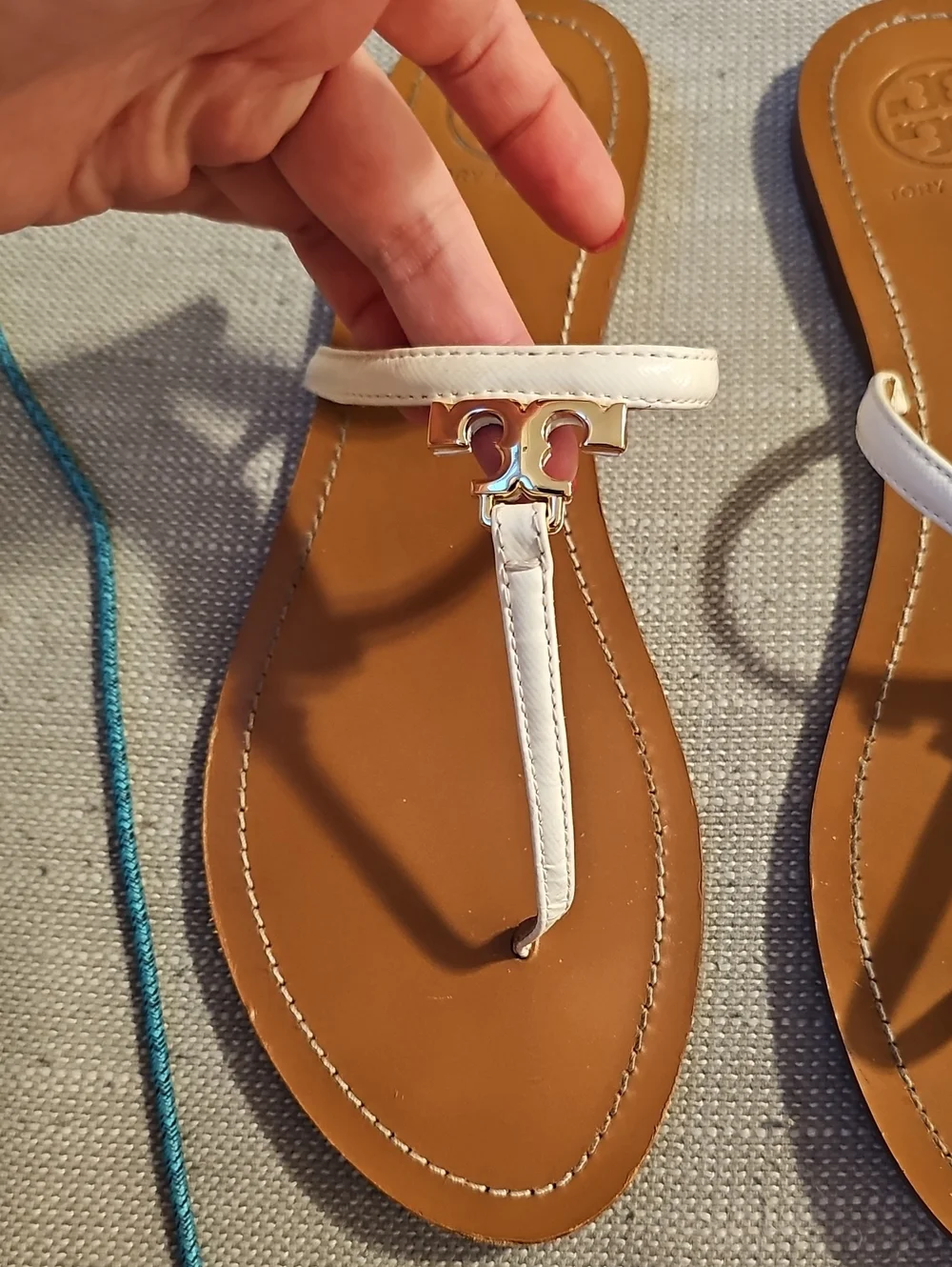 Tory Burch Brown Leather Thong Sandals with White Straps & Gold Logo